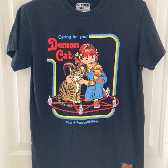 ♻️ $5 BIN Steven Rhodes demon cat black t-shirt - Picture 2 of 4